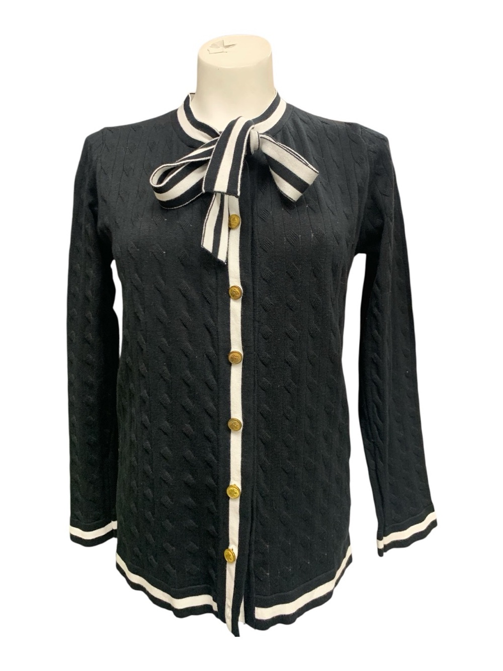Studio Black Knit Bow-Tie Cardigan with Ivory Stripes